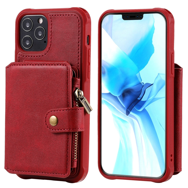 For iPhone 12 / 12 Pro Zipper Shockproof Protective Case with Card Slots & Bracket & Photo Holder & Wallet Function
