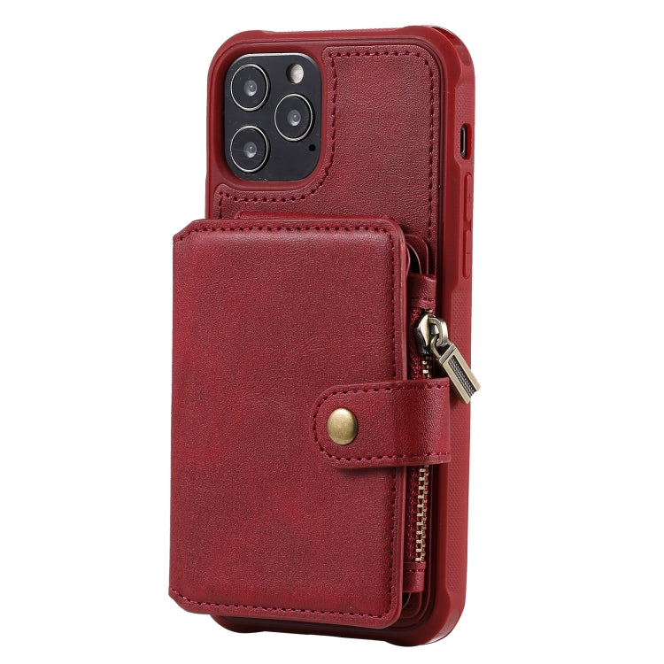 For iPhone 12 / 12 Pro Zipper Shockproof Protective Case with Card Slots & Bracket & Photo Holder & Wallet Function