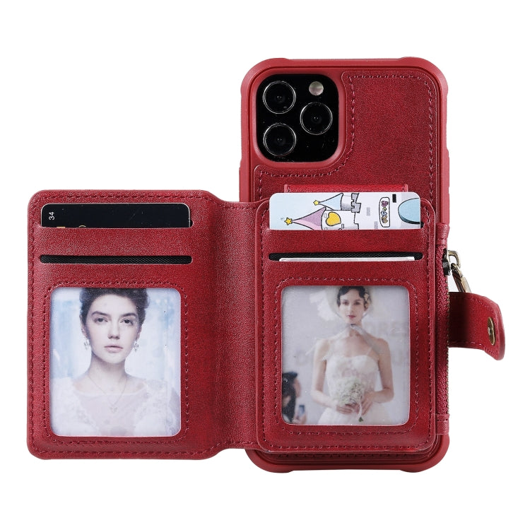 For iPhone 12 / 12 Pro Zipper Shockproof Protective Case with Card Slots & Bracket & Photo Holder & Wallet Function