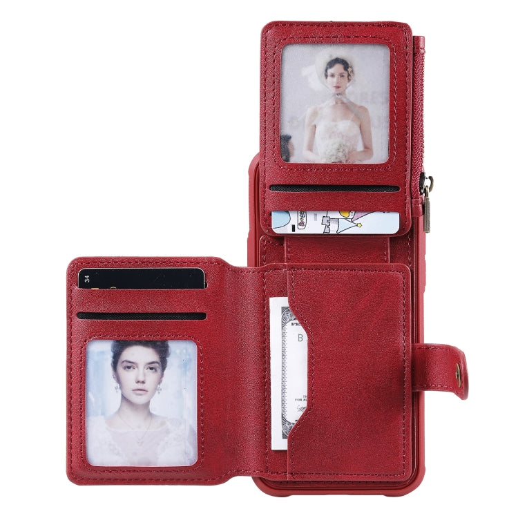 For iPhone 12 / 12 Pro Zipper Shockproof Protective Case with Card Slots & Bracket & Photo Holder & Wallet Function