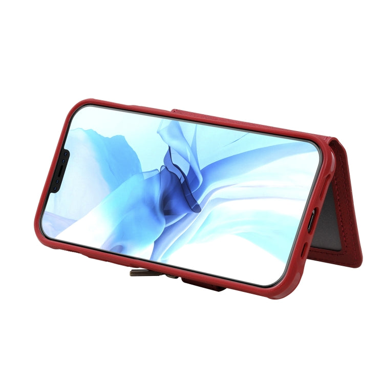 For iPhone 12 / 12 Pro Zipper Shockproof Protective Case with Card Slots & Bracket & Photo Holder & Wallet Function