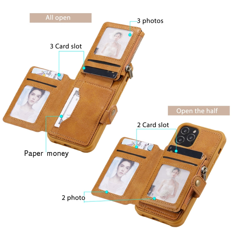 For iPhone 12 / 12 Pro Zipper Shockproof Protective Case with Card Slots & Bracket & Photo Holder & Wallet Function