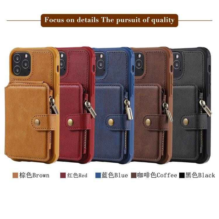 For iPhone 12 / 12 Pro Zipper Shockproof Protective Case with Card Slots & Bracket & Photo Holder & Wallet Function