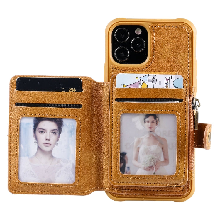 For iPhone 12 / 12 Pro Zipper Shockproof Protective Case with Card Slots & Bracket & Photo Holder & Wallet Function