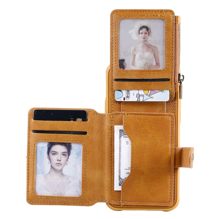 For iPhone 12 / 12 Pro Zipper Shockproof Protective Case with Card Slots & Bracket & Photo Holder & Wallet Function
