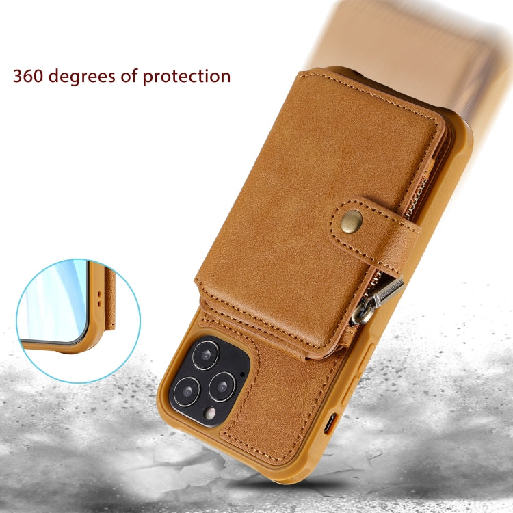 For iPhone 12 / 12 Pro Zipper Shockproof Protective Case with Card Slots & Bracket & Photo Holder & Wallet Function
