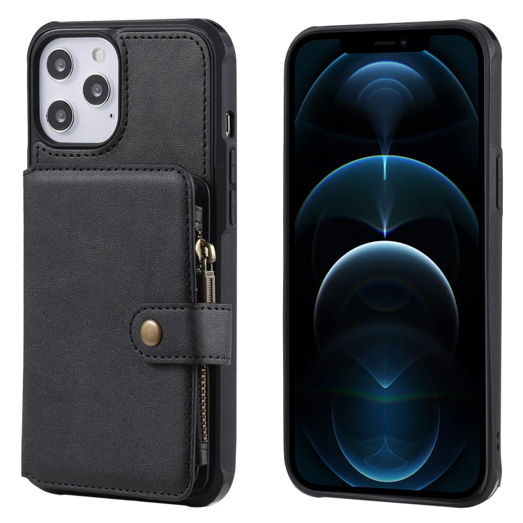 For iPhone 12 Pro Max Zipper Shockproof Protective Case with Card Slots & Bracket & Photo Holder & Wallet Function