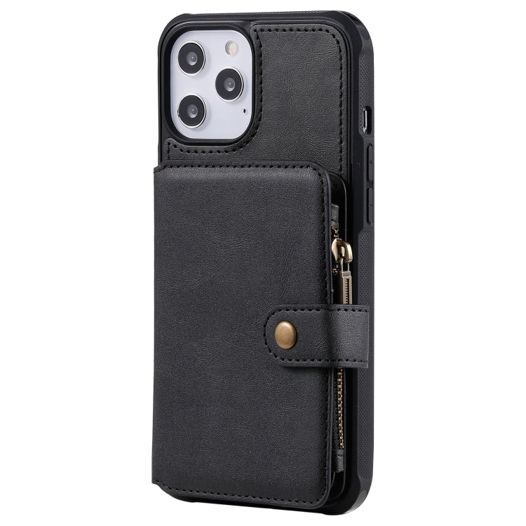 For iPhone 12 Pro Max Zipper Shockproof Protective Case with Card Slots & Bracket & Photo Holder & Wallet Function