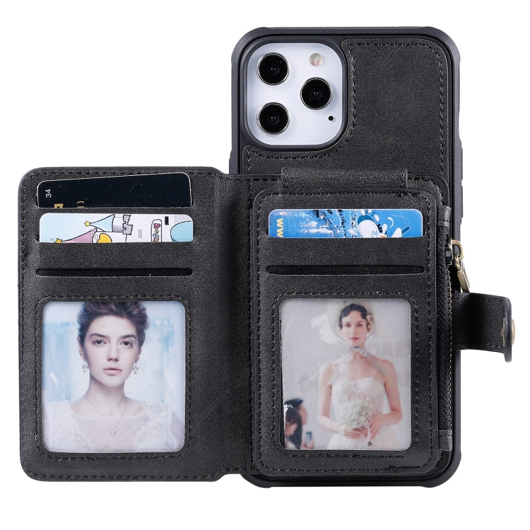 For iPhone 12 Pro Max Zipper Shockproof Protective Case with Card Slots & Bracket & Photo Holder & Wallet Function