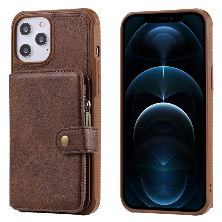 For iPhone 12 Pro Max Zipper Shockproof Protective Case with Card Slots & Bracket & Photo Holder & Wallet Function