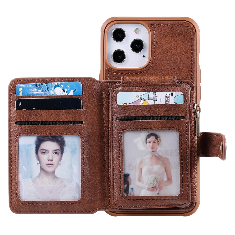 For iPhone 12 Pro Max Zipper Shockproof Protective Case with Card Slots & Bracket & Photo Holder & Wallet Function
