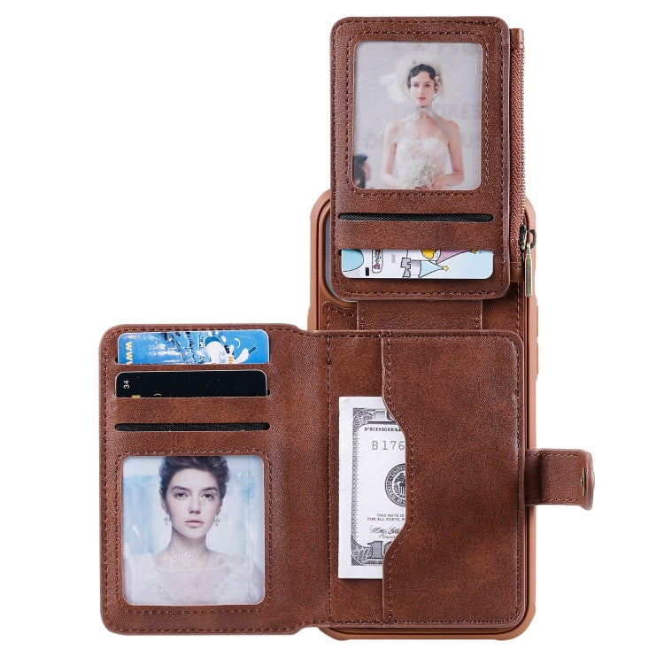 For iPhone 12 Pro Max Zipper Shockproof Protective Case with Card Slots & Bracket & Photo Holder & Wallet Function