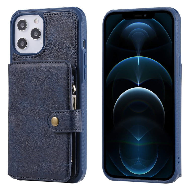 For iPhone 12 Pro Max Zipper Shockproof Protective Case with Card Slots & Bracket & Photo Holder & Wallet Function