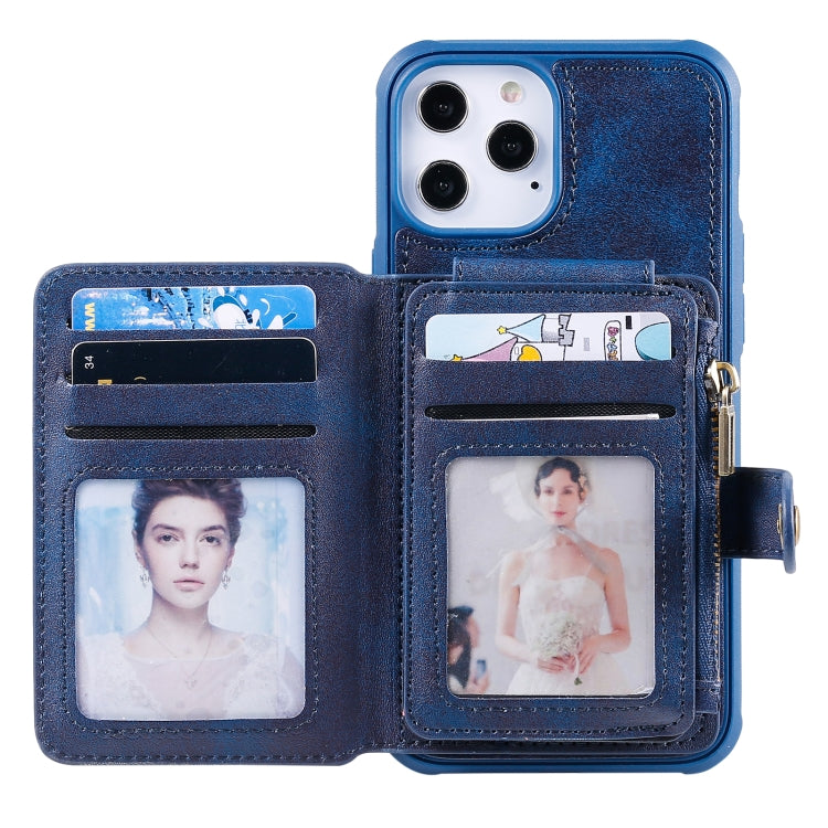 For iPhone 12 Pro Max Zipper Shockproof Protective Case with Card Slots & Bracket & Photo Holder & Wallet Function