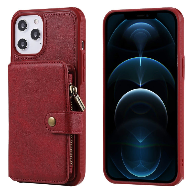 For iPhone 12 Pro Max Zipper Shockproof Protective Case with Card Slots & Bracket & Photo Holder & Wallet Function