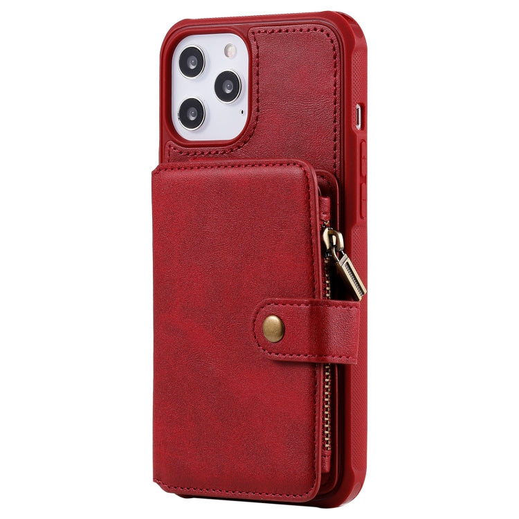 For iPhone 12 Pro Max Zipper Shockproof Protective Case with Card Slots & Bracket & Photo Holder & Wallet Function