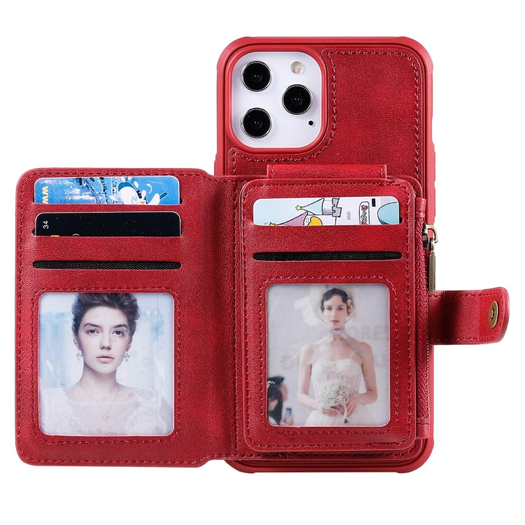 For iPhone 12 Pro Max Zipper Shockproof Protective Case with Card Slots & Bracket & Photo Holder & Wallet Function