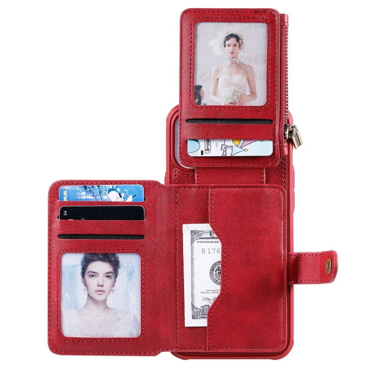 For iPhone 12 Pro Max Zipper Shockproof Protective Case with Card Slots & Bracket & Photo Holder & Wallet Function