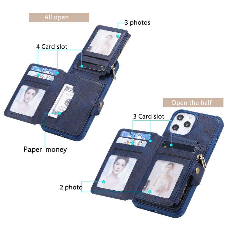 For iPhone 12 Pro Max Zipper Shockproof Protective Case with Card Slots & Bracket & Photo Holder & Wallet Function
