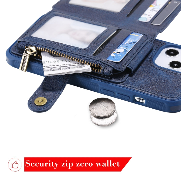 For iPhone 12 Pro Max Zipper Shockproof Protective Case with Card Slots & Bracket & Photo Holder & Wallet Function