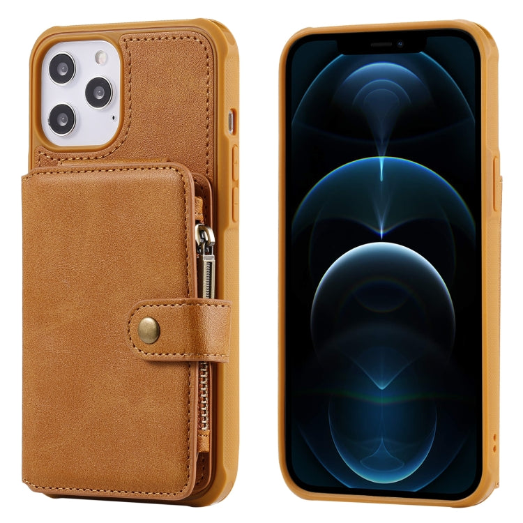 For iPhone 12 Pro Max Zipper Shockproof Protective Case with Card Slots & Bracket & Photo Holder & Wallet Function