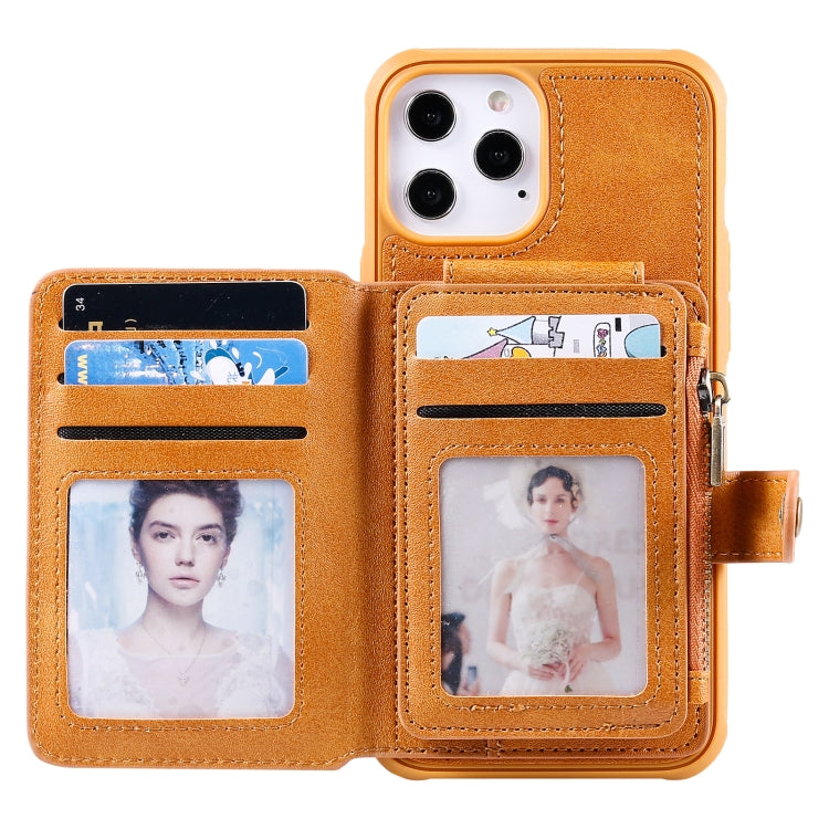 For iPhone 12 Pro Max Zipper Shockproof Protective Case with Card Slots & Bracket & Photo Holder & Wallet Function