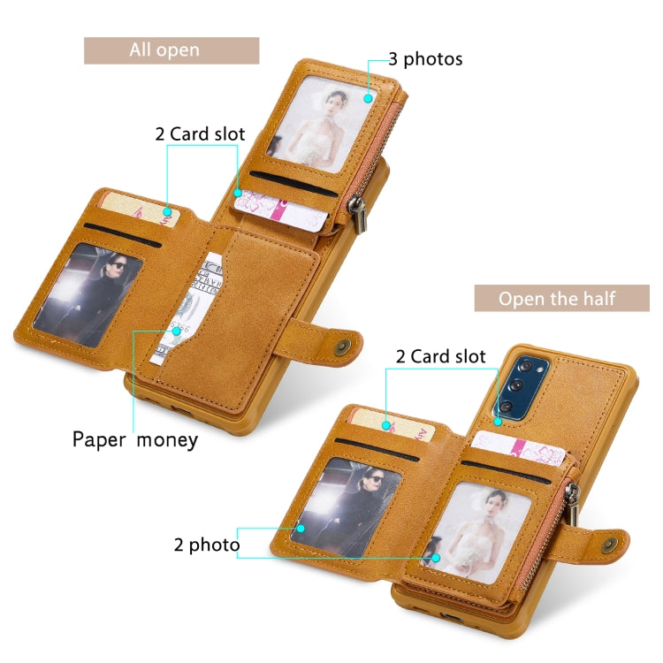 Zipper Shockproof Protective Case with Card Slots & Bracket & Photo Holder & Wallet Function For Samsung Galaxy S20 FE 5G
