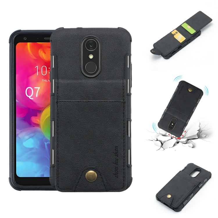 For LG Q7 Cloth Texture + TPU Shockproof Protective Case with Vertical Flip Card Slots