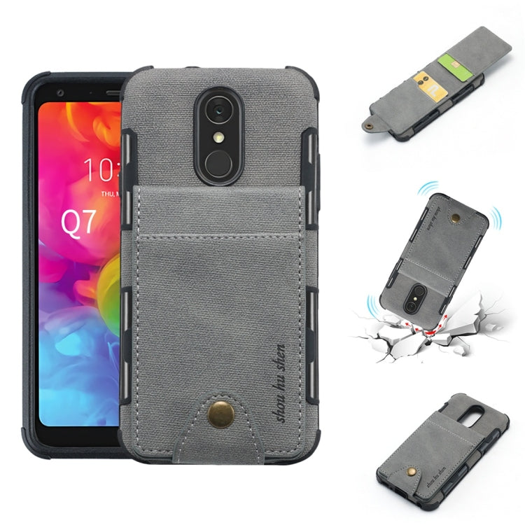 For LG Q7 Cloth Texture + TPU Shockproof Protective Case with Vertical Flip Card Slots