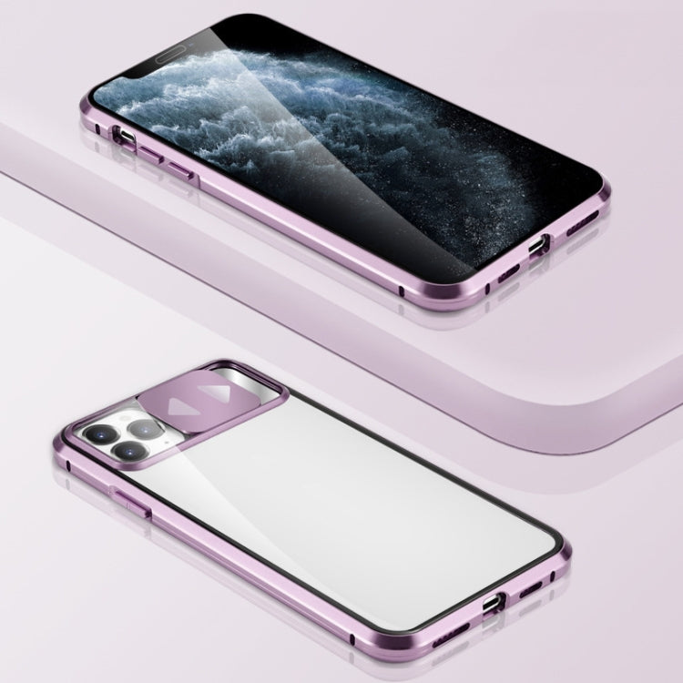 For iPhone 11 Sliding Lens Cover Mirror Design Four-corner Shockproof Magnetic Metal Frame Double-sided Tempered Glass Case