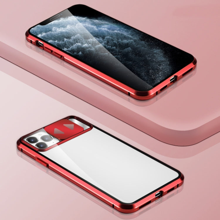 For iPhone 11 Sliding Lens Cover Mirror Design Four-corner Shockproof Magnetic Metal Frame Double-sided Tempered Glass Case