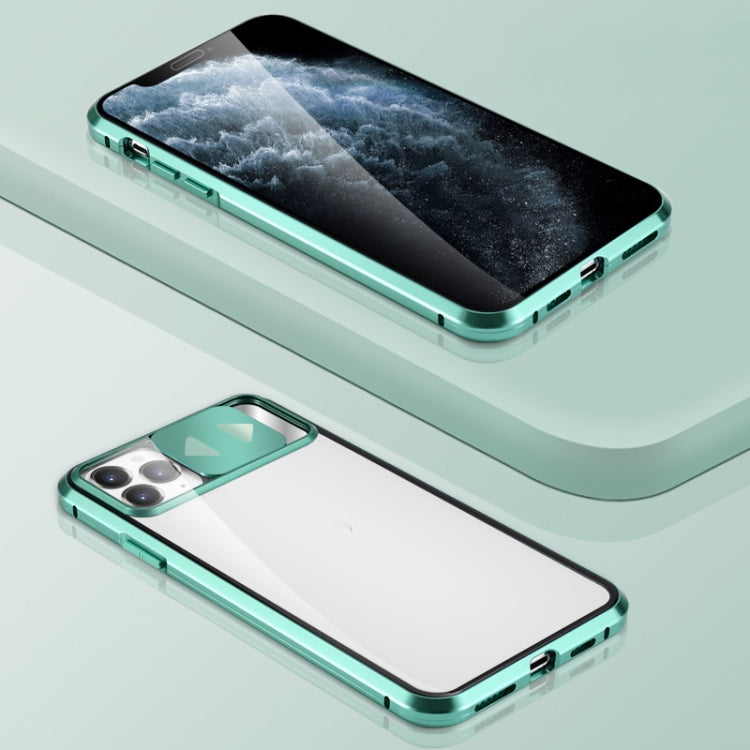 For iPhone 11 Sliding Lens Cover Mirror Design Four-corner Shockproof Magnetic Metal Frame Double-sided Tempered Glass Case
