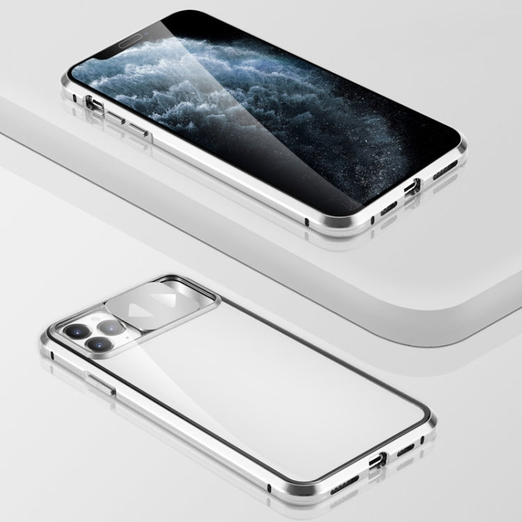 For iPhone 11 Sliding Lens Cover Mirror Design Four-corner Shockproof Magnetic Metal Frame Double-sided Tempered Glass Case