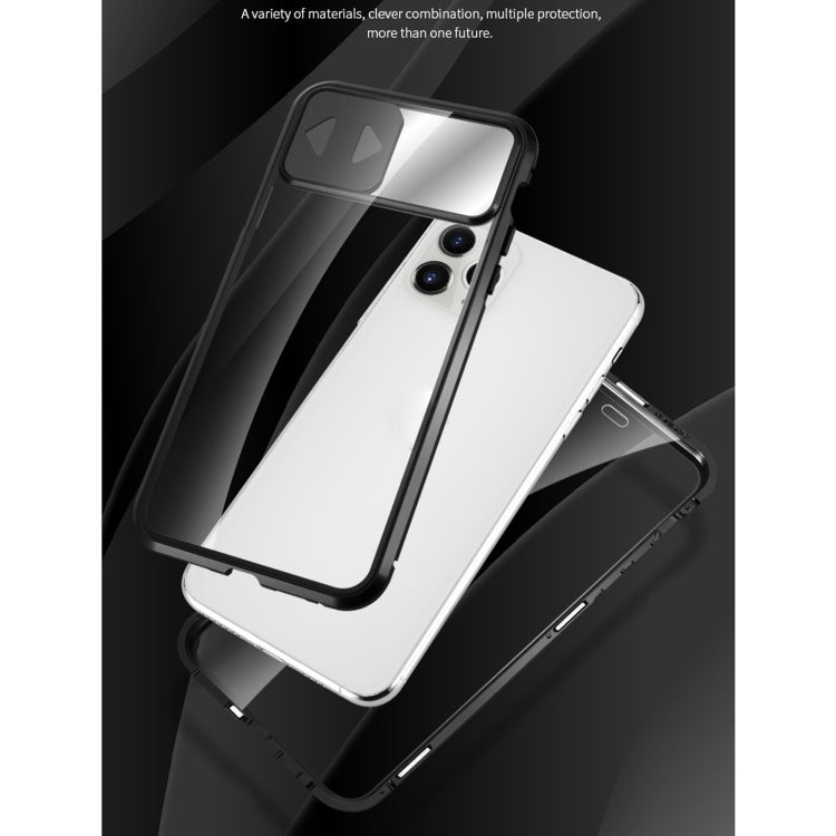 For iPhone 11 Sliding Lens Cover Mirror Design Four-corner Shockproof Magnetic Metal Frame Double-sided Tempered Glass Case