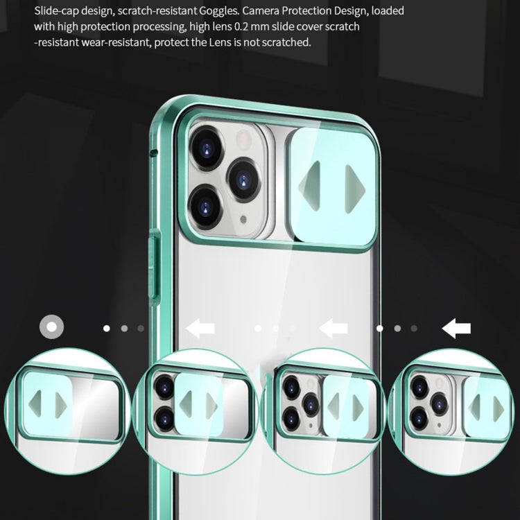 For iPhone 11 Sliding Lens Cover Mirror Design Four-corner Shockproof Magnetic Metal Frame Double-sided Tempered Glass Case