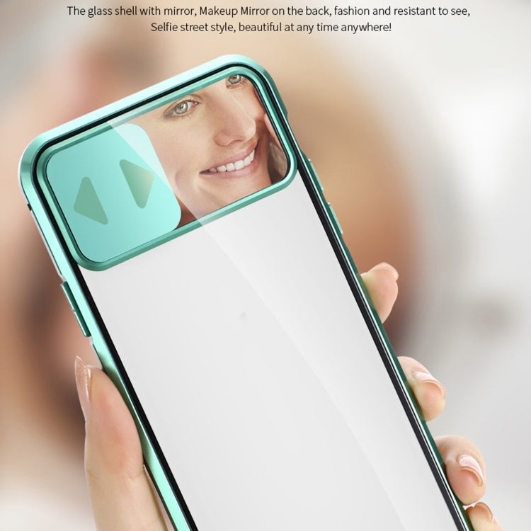 For iPhone 11 Sliding Lens Cover Mirror Design Four-corner Shockproof Magnetic Metal Frame Double-sided Tempered Glass Case