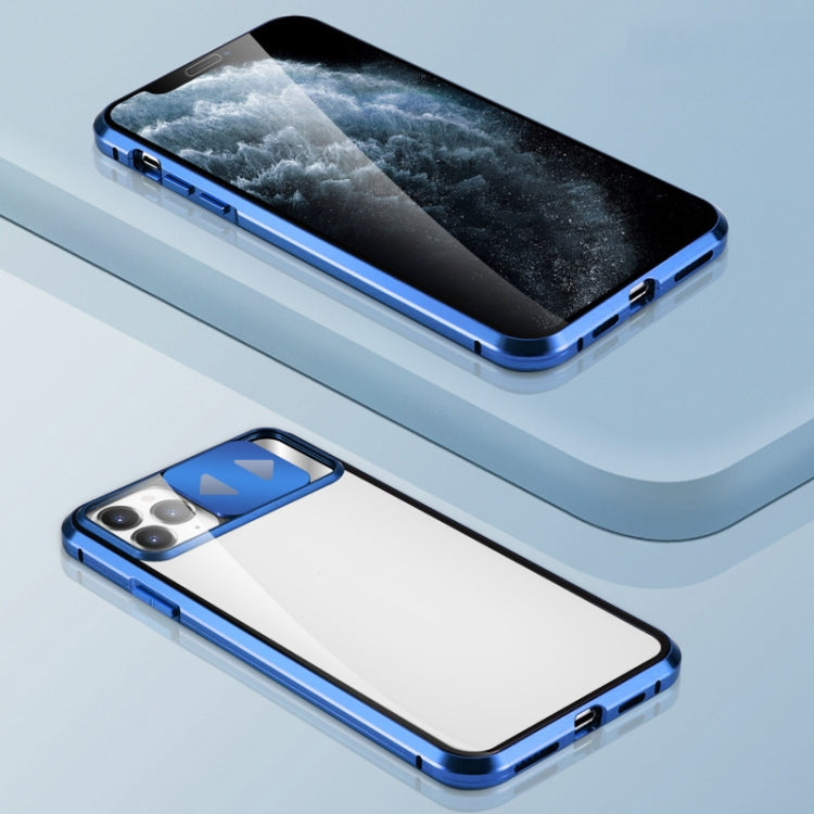 For iPhone 11 Pro Sliding Lens Cover Mirror Design Four-corner Shockproof Magnetic Metal Frame Double-sided Tempered Glass Case