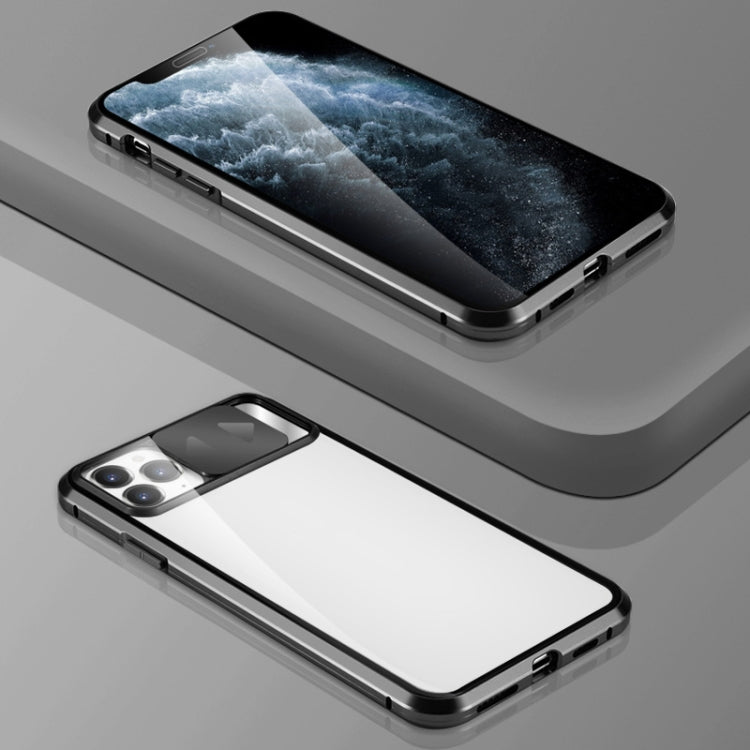 For iPhone 11 Pro Sliding Lens Cover Mirror Design Four-corner Shockproof Magnetic Metal Frame Double-sided Tempered Glass Case