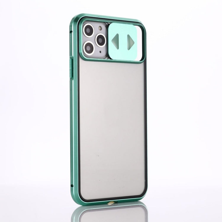 For iPhone 11 Pro Sliding Lens Cover Mirror Design Four-corner Shockproof Magnetic Metal Frame Double-sided Tempered Glass Case