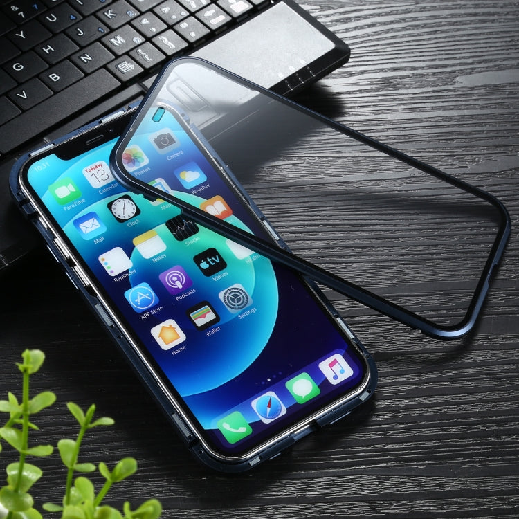 For iPhone 12 mini Sliding Lens Cover Mirror Design Four-corner Shockproof Magnetic Metal Frame Double-sided Tempered Glass Case