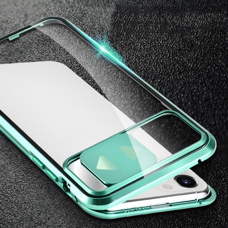 For iPhone 12 / 12 Pro Sliding Lens Cover Mirror Design Four-corner Shockproof Magnetic Metal Frame Double-sided Tempered Glass Case