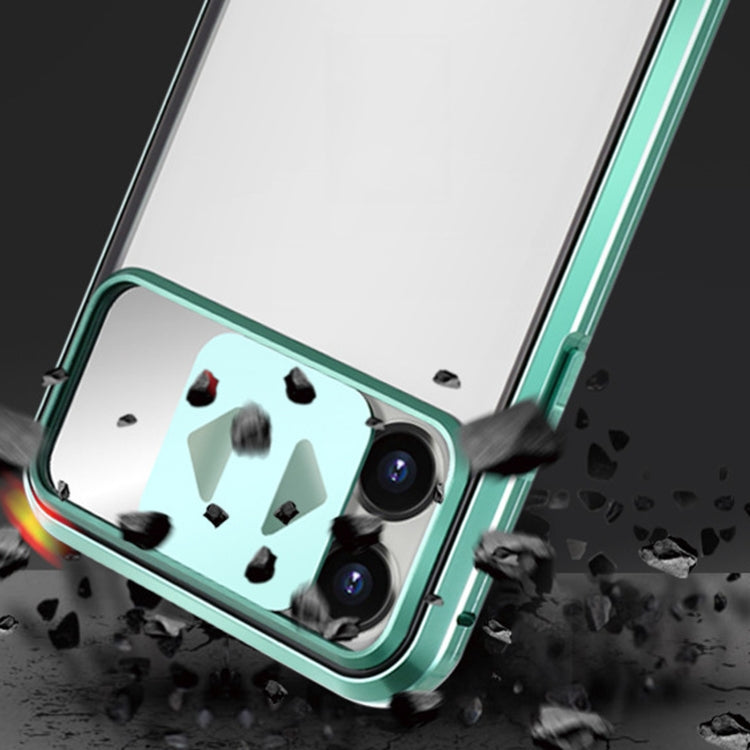 For iPhone 12 / 12 Pro Sliding Lens Cover Mirror Design Four-corner Shockproof Magnetic Metal Frame Double-sided Tempered Glass Case