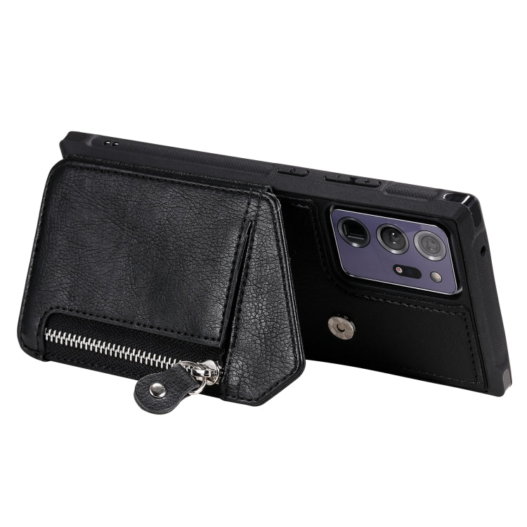For Samsung Galaxy Note20 Ultra Zipper Double Buckle Shockproof Protective Case with Stand & Photo Holder & Wallet Function