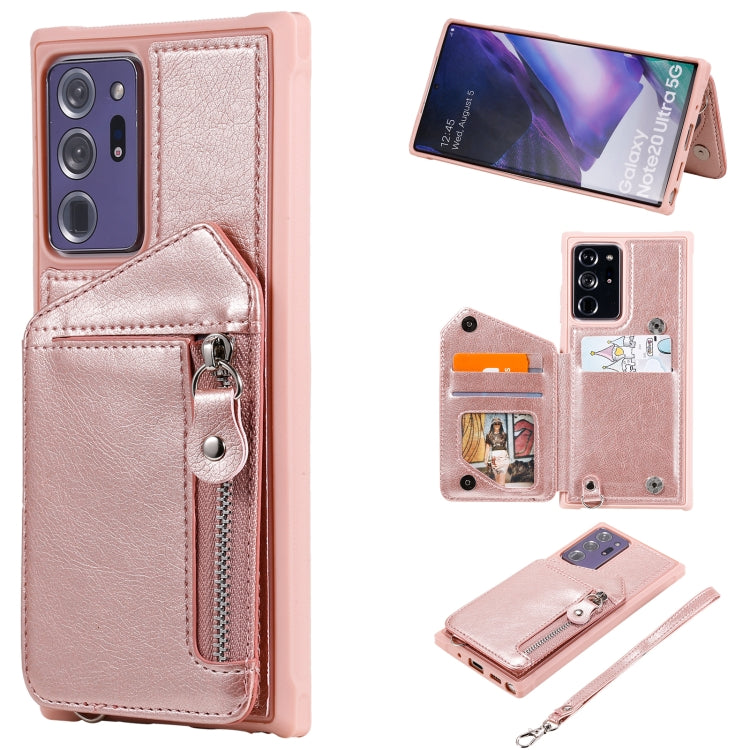 For Samsung Galaxy Note20 Ultra Zipper Double Buckle Shockproof Protective Case with Stand & Photo Holder & Wallet Function