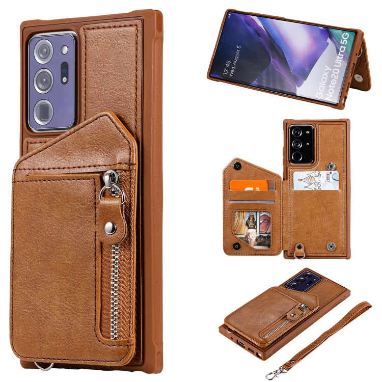 For Samsung Galaxy Note20 Ultra Zipper Double Buckle Shockproof Protective Case with Stand & Photo Holder & Wallet Function