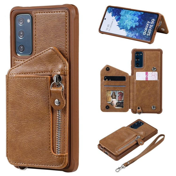 For Samsung Galaxy S20 FE Zipper Double Buckle Shockproof Protective Case with Stand & Photo Holder & Wallet Function