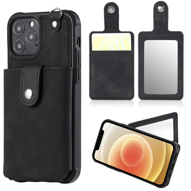 For iPhone 12 / 12 Pro Shockproof Protective Case with Mirror & Card Slot & Short Lanyard
