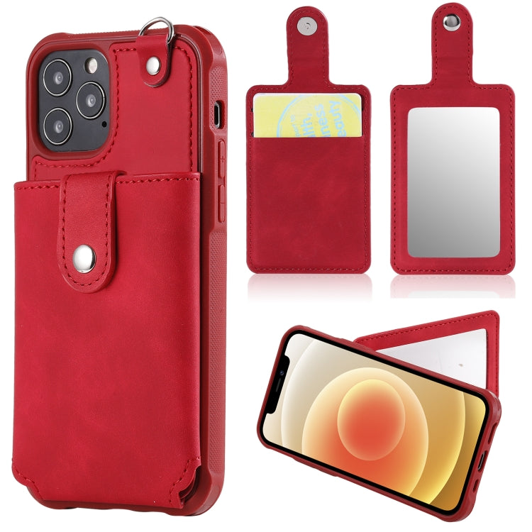 For iPhone 12 / 12 Pro Shockproof Protective Case with Mirror & Card Slot & Short Lanyard