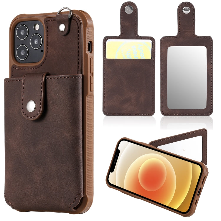 For iPhone 12 / 12 Pro Shockproof Protective Case with Mirror & Card Slot & Short Lanyard