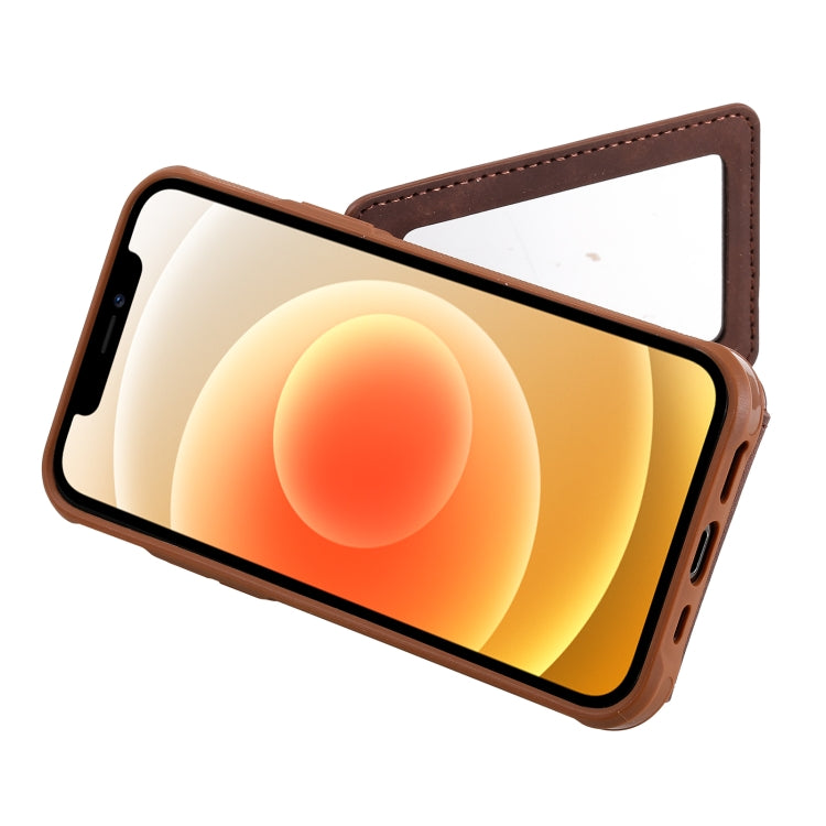 For iPhone 12 / 12 Pro Shockproof Protective Case with Mirror & Card Slot & Short Lanyard